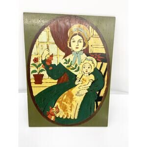 Vintage American Folk Art Mom and Baby Oil Painting on Wood Wall Decor